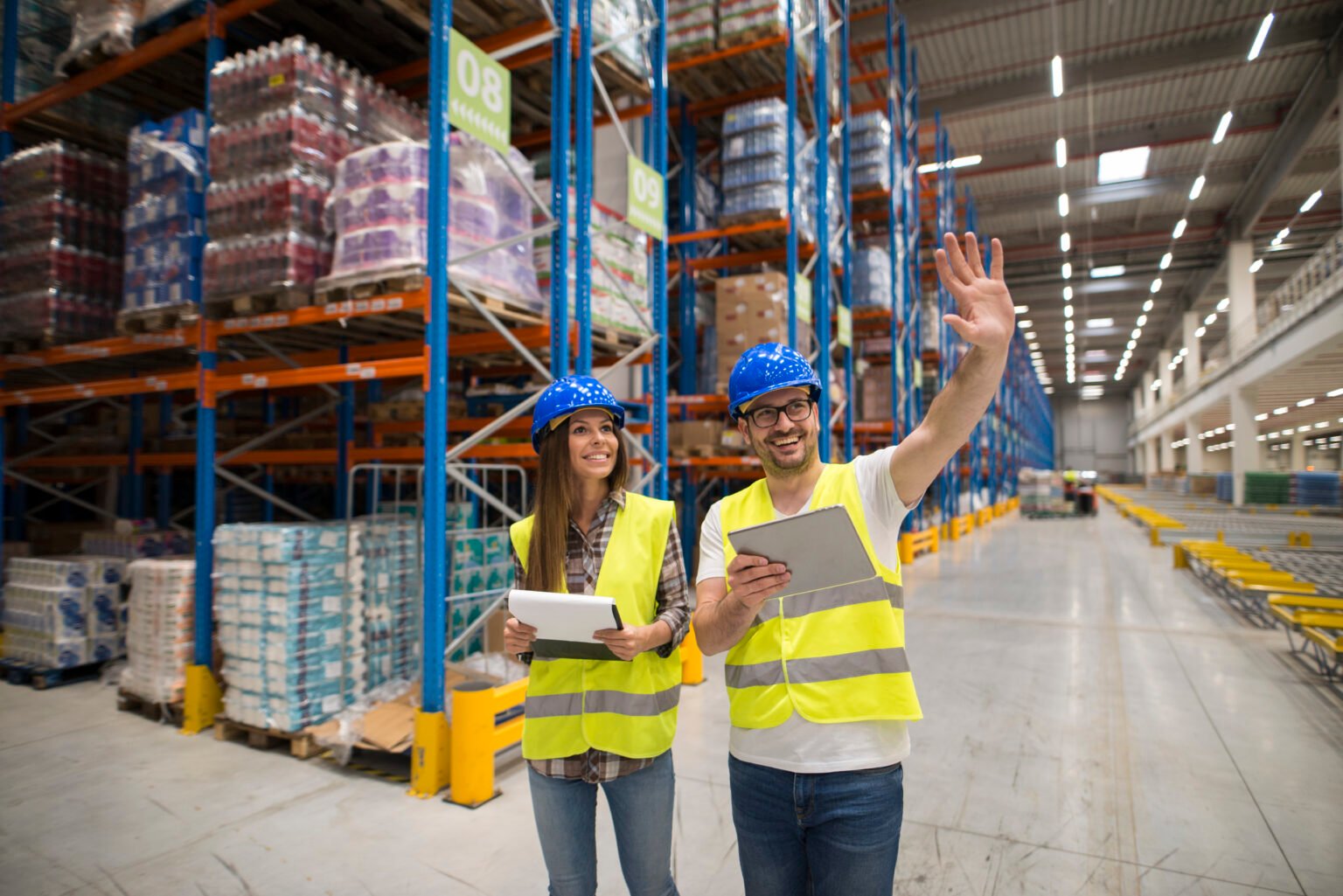 Warehouse workers checking organization and distribution of products in large storage area.